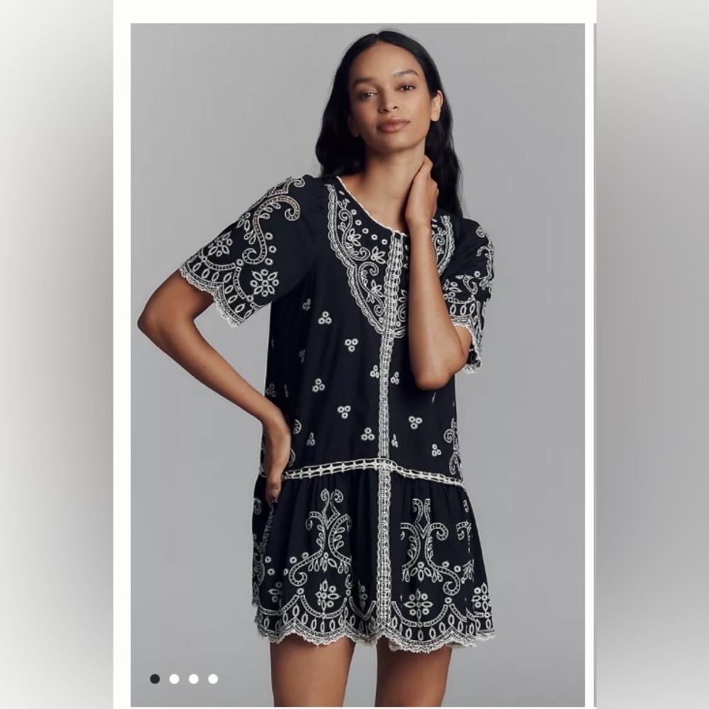 Maeve Anthropologie Short-Sleeve Embellished Cotton Lace Mini Dress Size Small